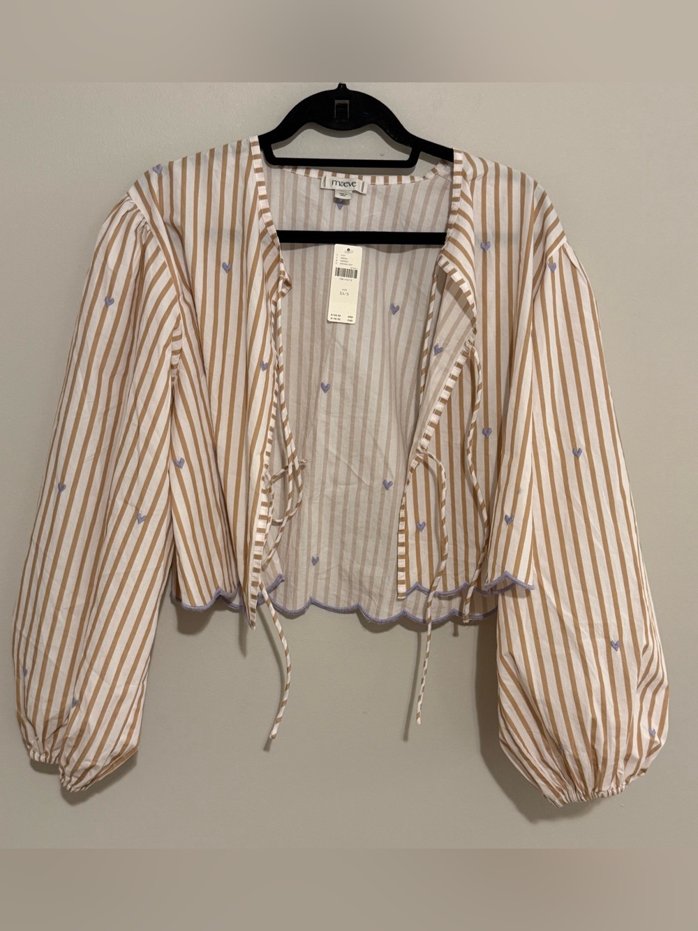Maeve Striped Floral Embroidered Tie Front Balloon Sleeve Blouse Cottagecore - Picture 5 of 11